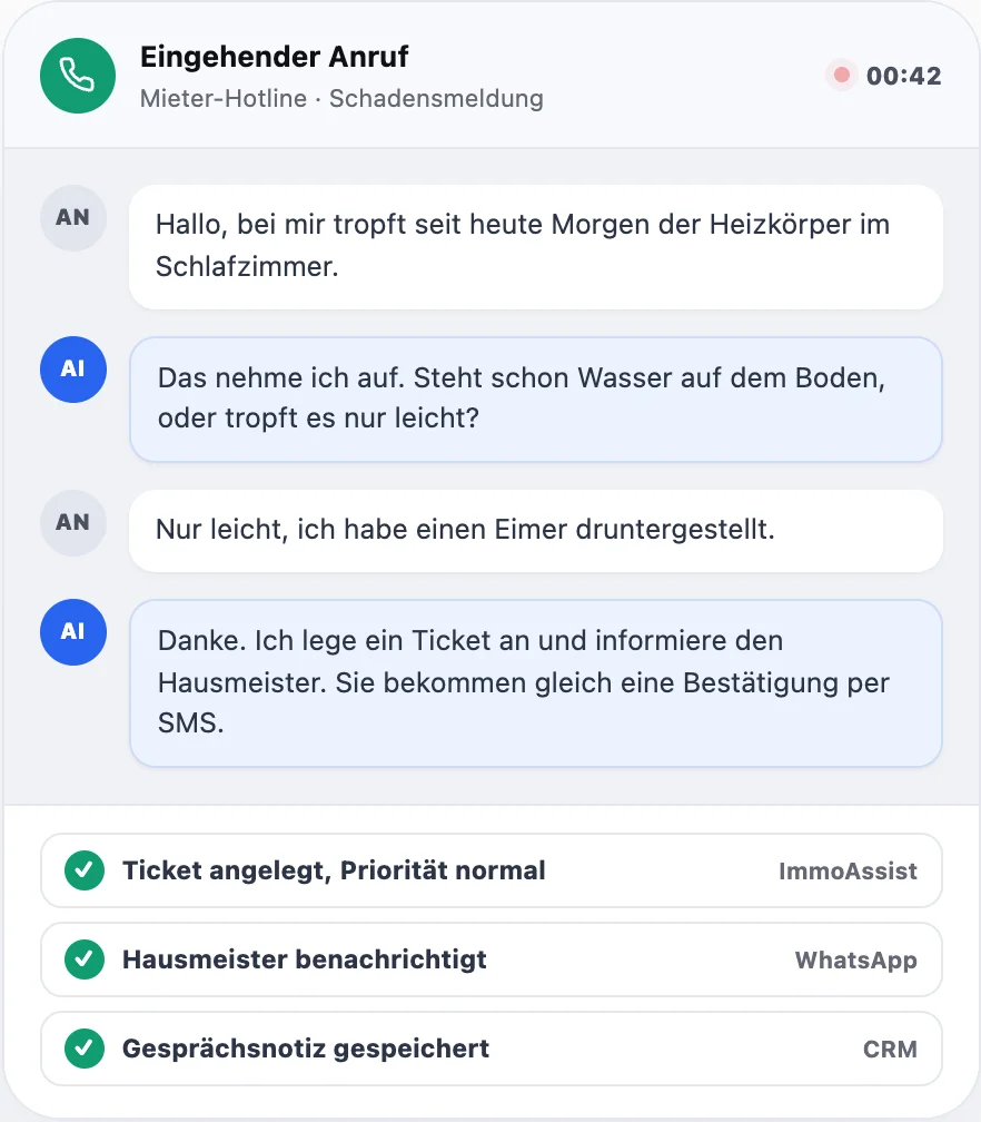 Telefonassistent: Anruf wird zum Ticket, Hausmeister benachrichtigt